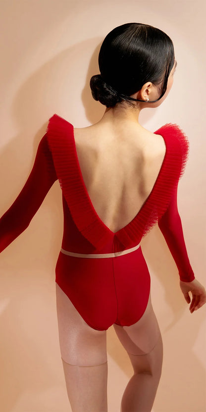 ［予約アイテム］GRAND – décolleté leotard with pleated tutu collar – cherry red