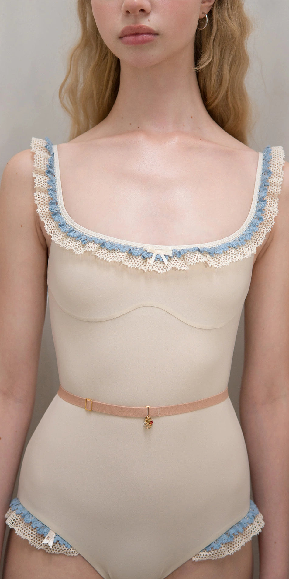 ［予約アイテム］TORCHON LACE – embellished camisole leotard – edelweiss/misty blue