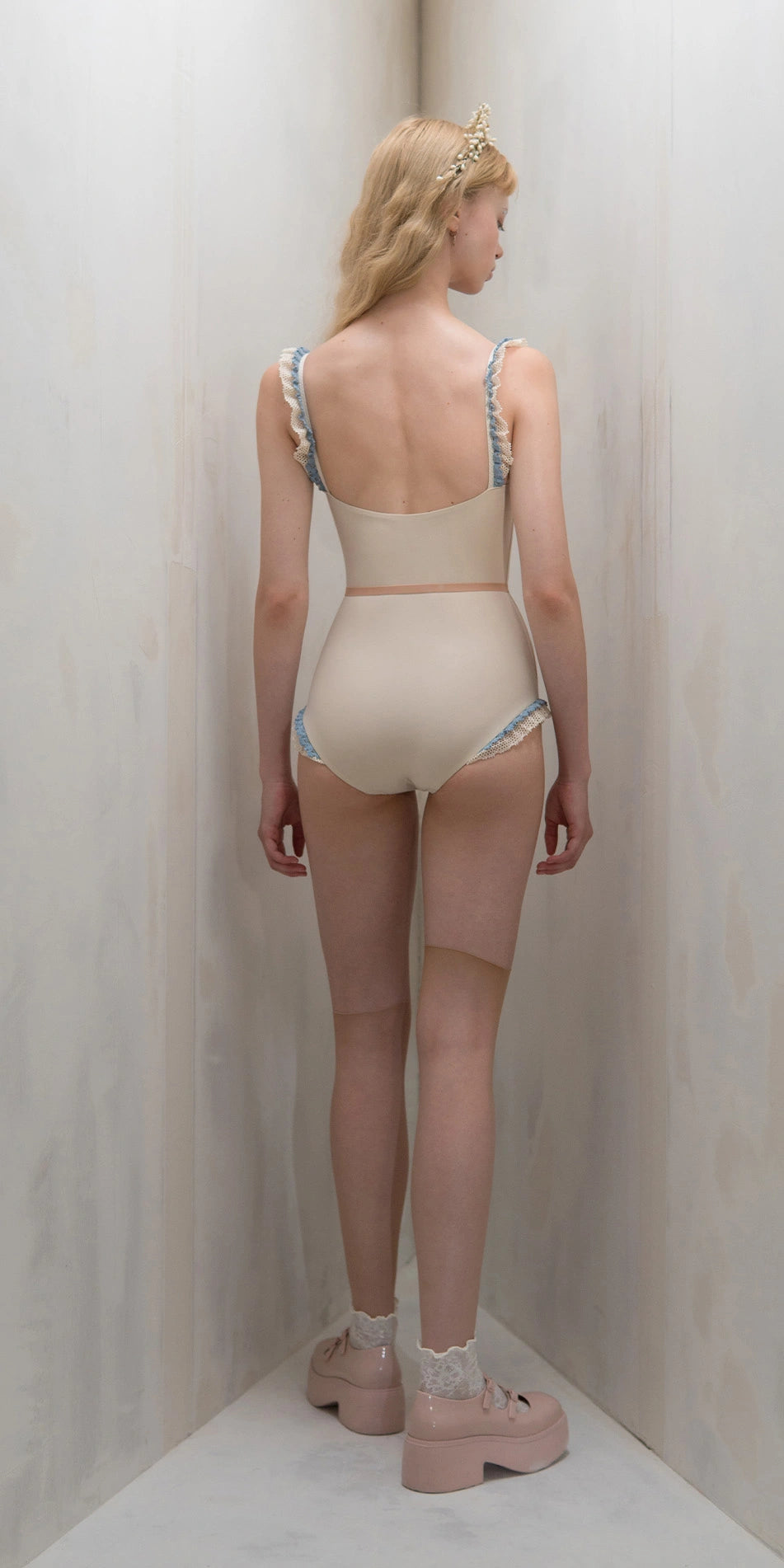 ［予約アイテム］TORCHON LACE – embellished camisole leotard – edelweiss/misty blue