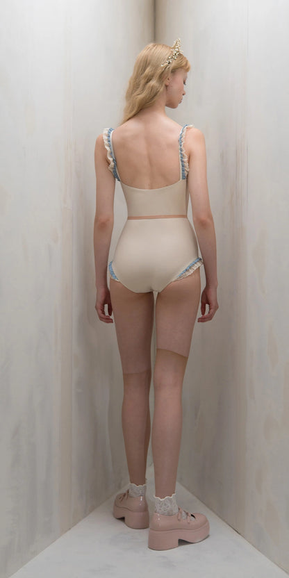 ［予約アイテム］TORCHON LACE – embellished camisole leotard – edelweiss/misty blue