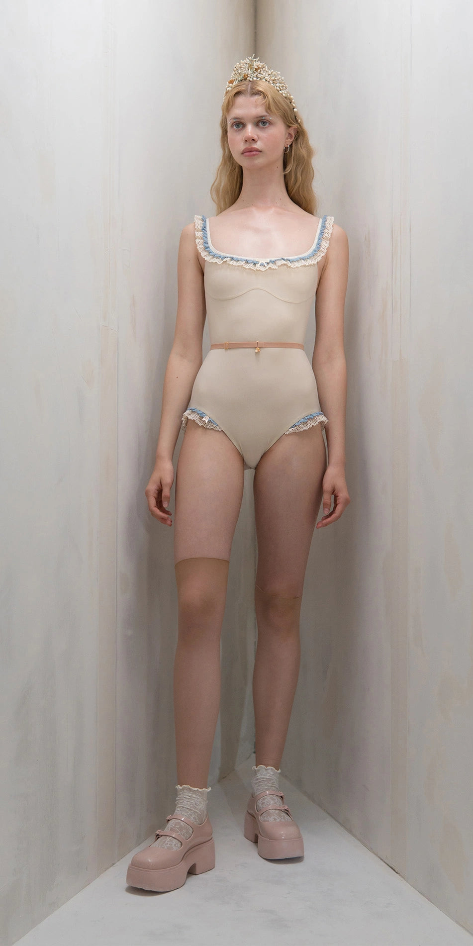 ［予約アイテム］TORCHON LACE – embellished camisole leotard – edelweiss/misty blue