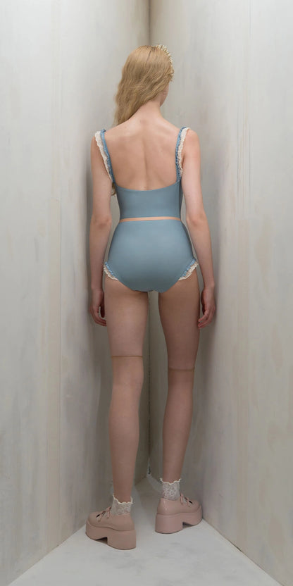 ［予約アイテム］TORCHON LACE – embellished camisole leotard – misty blue