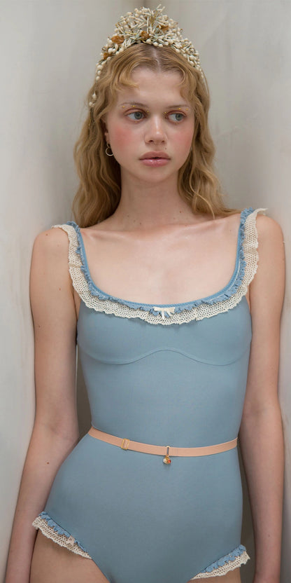 ［予約アイテム］TORCHON LACE – embellished camisole leotard – misty blue