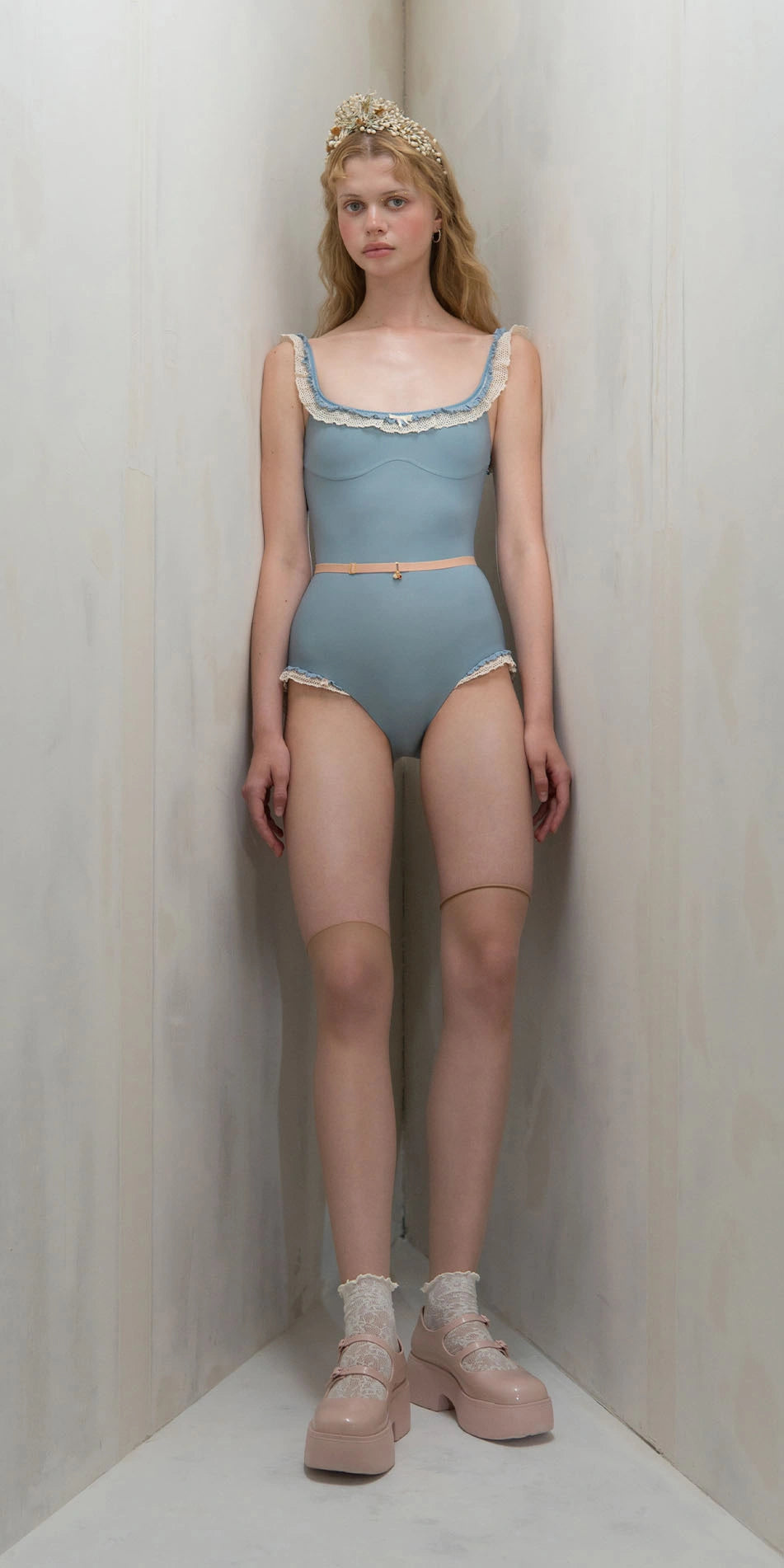 ［予約アイテム］TORCHON LACE – embellished camisole leotard – misty blue
