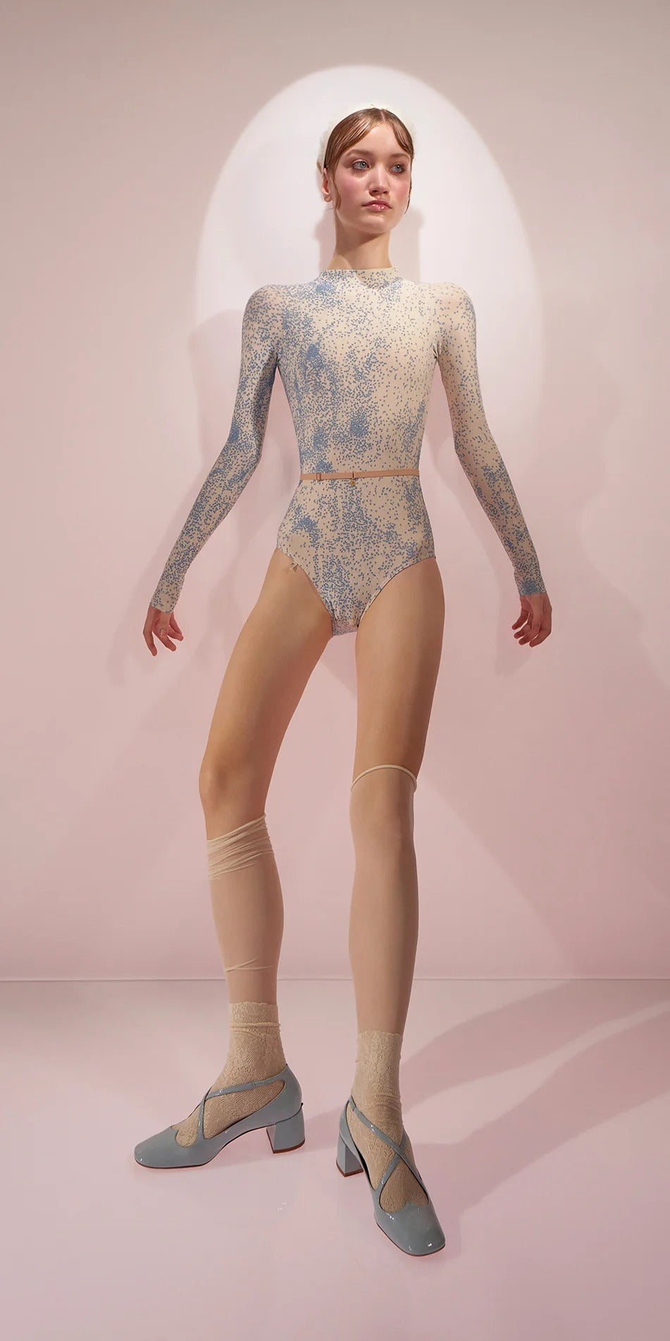 ［予約アイテム］SPRINKLE DOT – low back leotard with long sleeves – blue