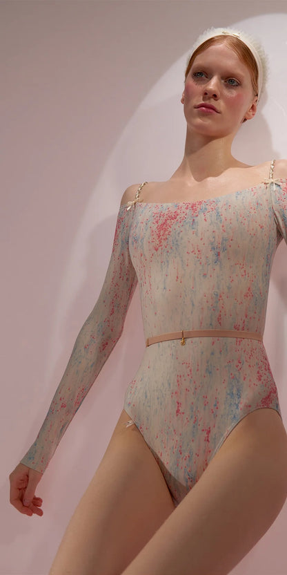 ［予約アイテム］SPRINKLE MERINGUE – off-shoulder leotard with cake-candle straps – blue/blush