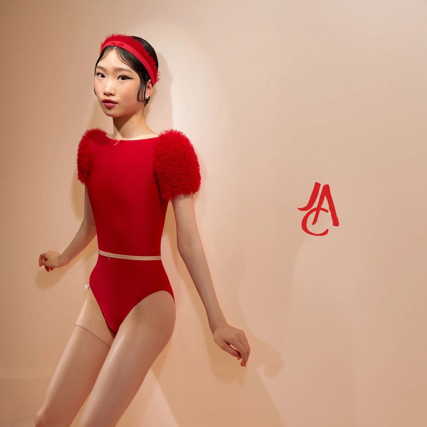 ［予約アイテム］CHANTILLY – ruffle tulle short sleeve leotard – cherry red