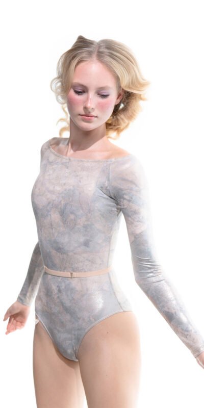 LUSTRE – gilded boatneck leotard with long sleeves – blue/gold