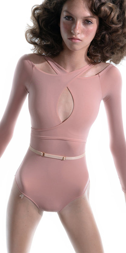 ECLIPSE – blush halterneck leotard with long sleeves
