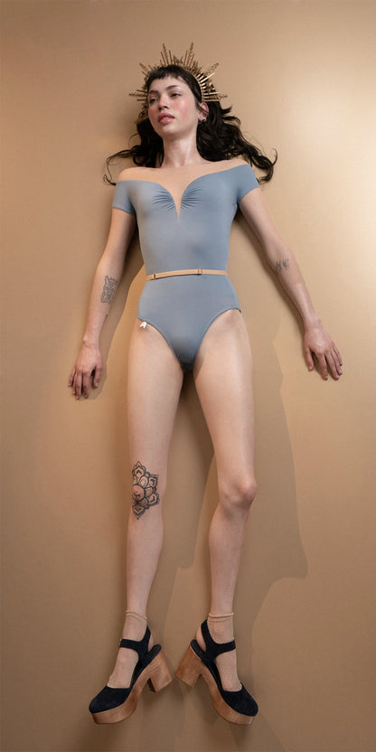 HEARTBREAKER – blue off shoulder mesh décoletté leotard with 3/4 sleeves
