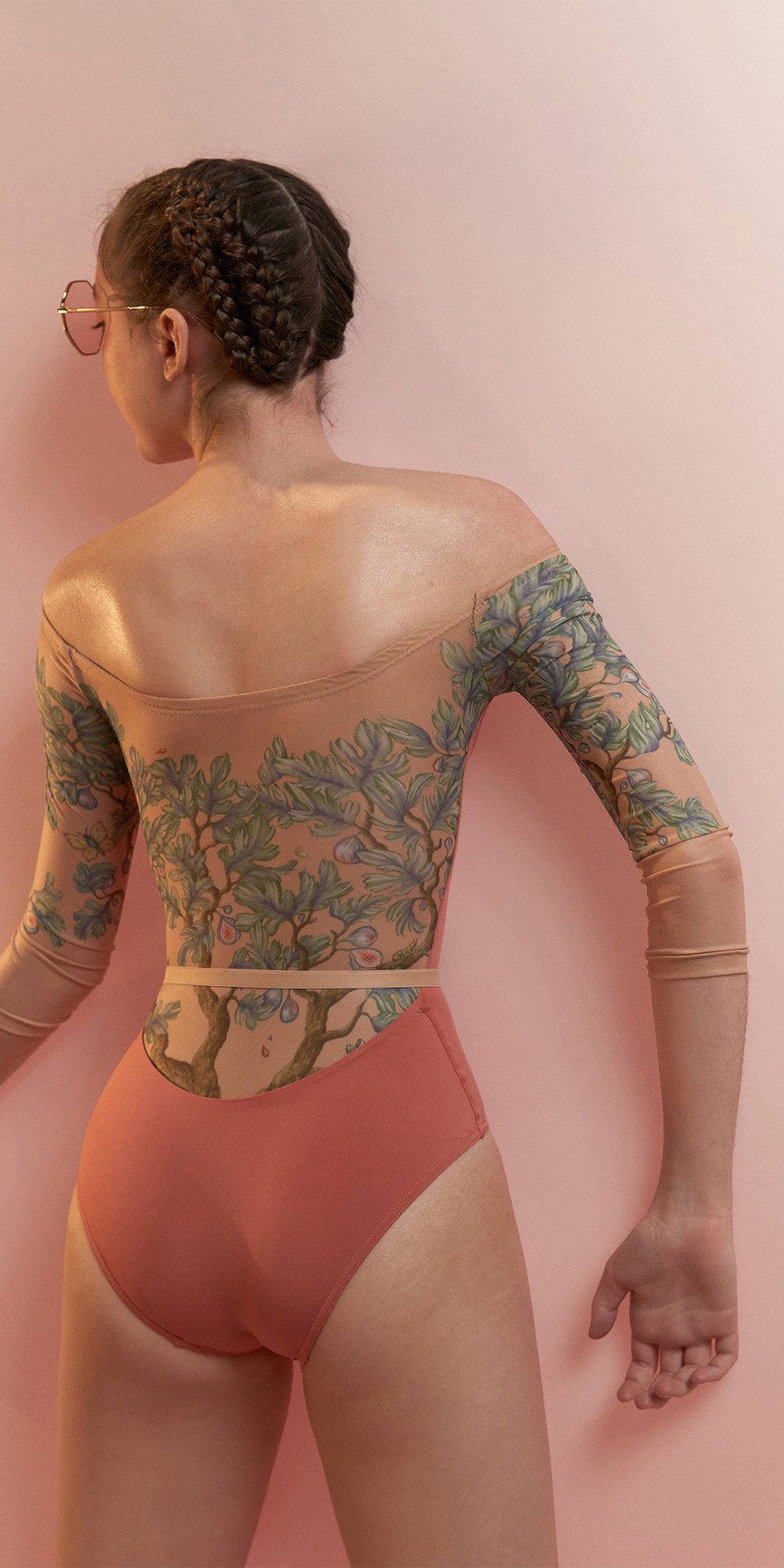 FIG TREE – coral low back layered leotard with tattoo