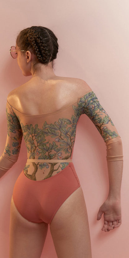 FIG TREE – coral low back layered leotard with tattoo