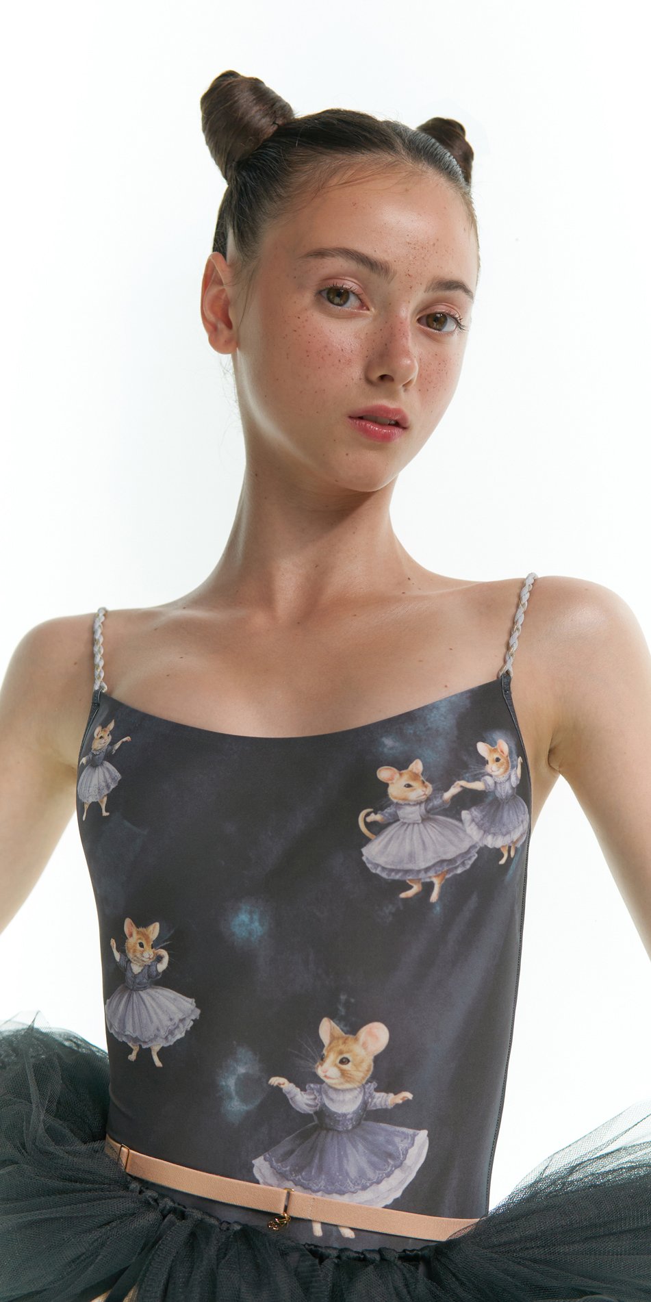 MOUSY – camisole leotard with hand braided straps – off grey