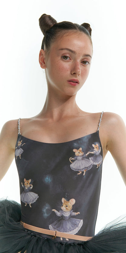 MOUSY – camisole leotard with hand braided straps – off grey