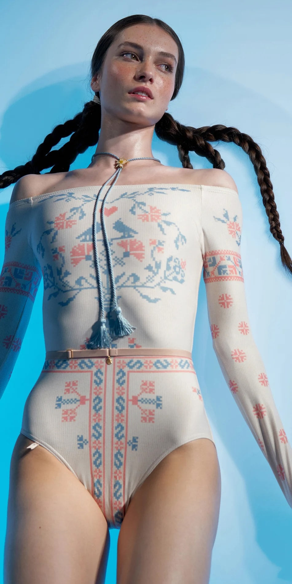 ALPINIA – cross stitch print boatneck leotard with sleeves | EDELWEISS/ALPINIA
