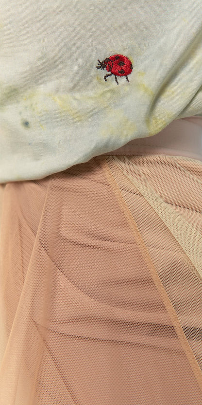 SUN-KISSED – hand dyed t-shirt with embroidered bugs – sage/multicolor