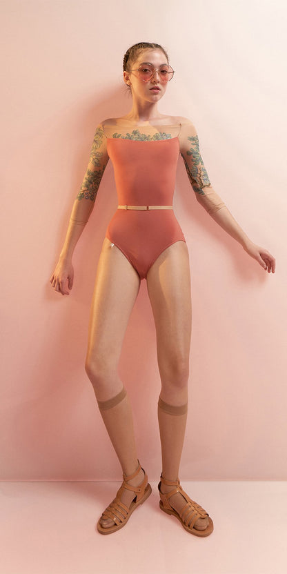 FIG TREE – coral low back layered leotard with tattoo