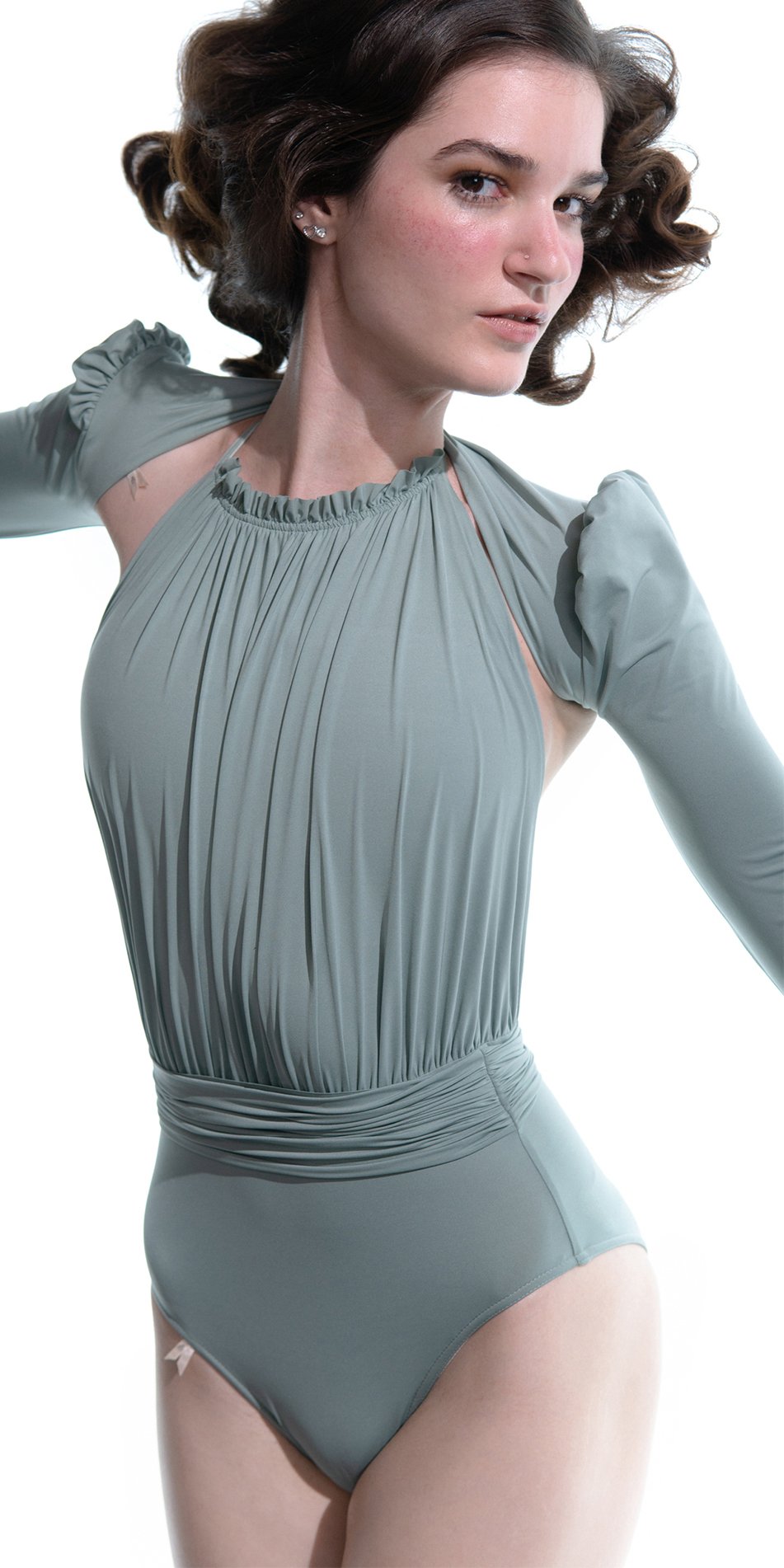 MAIDEN – mint dancers twin set (leotard-shrug) with gathered neckline and puff sleeves