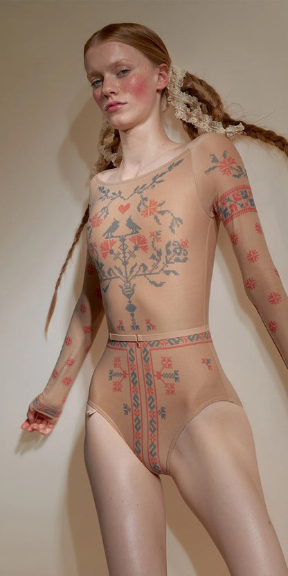 ALPINIA – cross stitch print boatneck leotard with sleeves | NUDE/ALPINIA