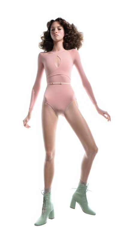 ECLIPSE – blush halterneck leotard with long sleeves