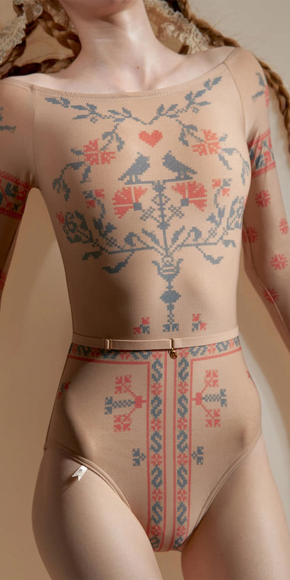 ALPINIA – cross stitch print boatneck leotard with sleeves | NUDE/ALPINIA