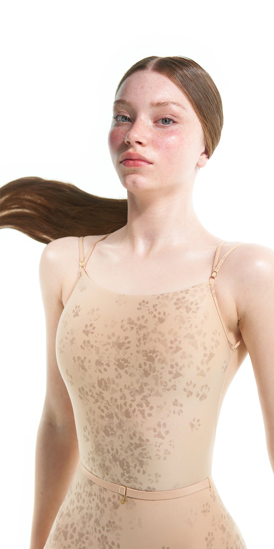 CAT paw print – cross back leotard – latte