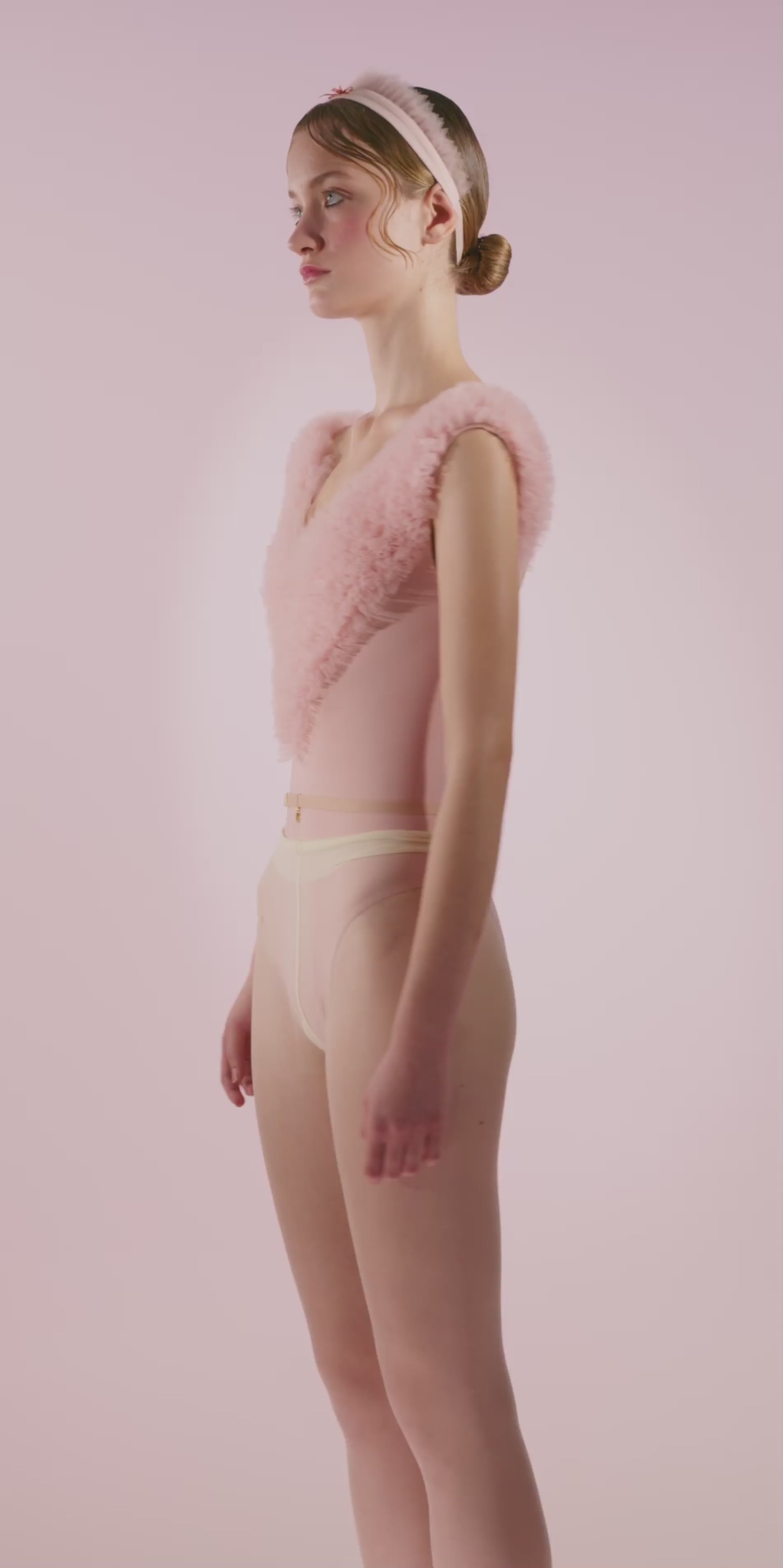 ［予約アイテム］CHANTILLY – ruffle tulle décolleté leotard – baby blush